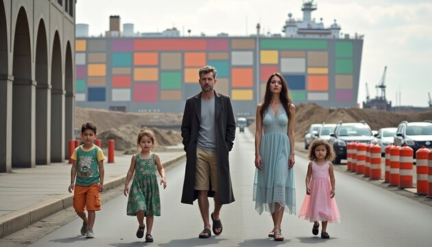 Family Walking Along Industrial Port Road with Colorful Cargo Ship