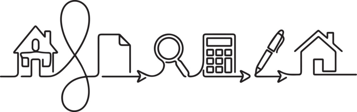 Continuous line drawing of real estate process icons mortgage loan