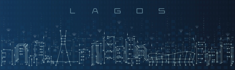 Lagos Smart City Skyline Vector in Circuit Board Style Futuristic Technology Background © pabloprat
