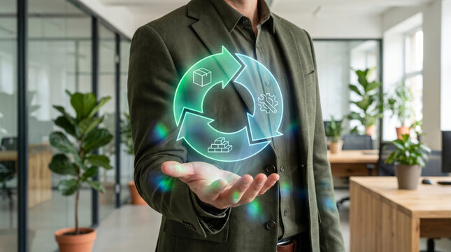 Business Professional Holding a Circular Economy Hologram with Recycling Arrows