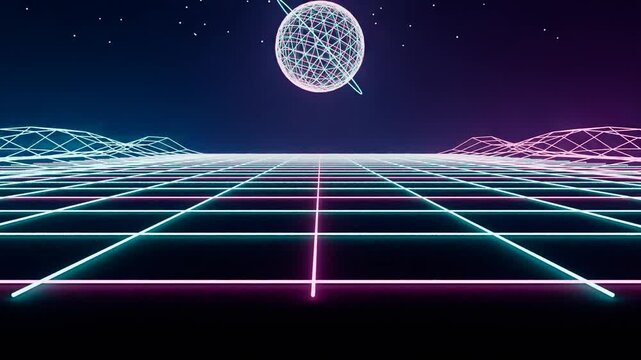 Retro Cyberpunk Horizon Grid, Futuristic Holographic Cyber Globe Motion Graphics Background.