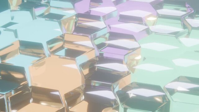 kinetic isometric glass hexagon prism tiles with gold core pillars and caustic light, fintech 3d backdrop.
