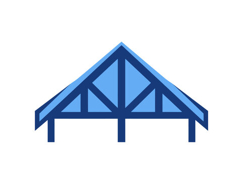 A stylized illustration of a blue wooden barn structure with visible trusses and roof supports.