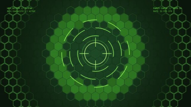 Cyberpunk terminal matrix with glowing green hexagonal cells and computer bios diagnostics, tech video loop.