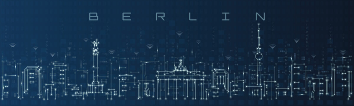 Berlin Smart City Skyline Vector in Circuit Board Style Futuristic Technology Background