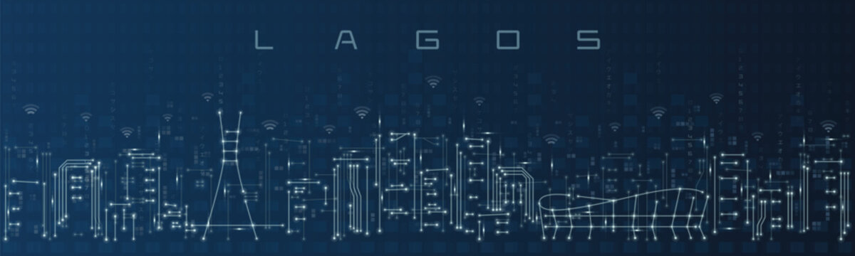Lagos Smart City Skyline Vector in Circuit Board Style Futuristic Technology Background