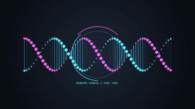 Rotating biometric double helix dna strand with glowing synaptic node pulses, biotechnology video loop.