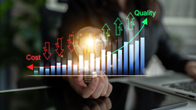 Business Concept Showing Relationship Between Cost and Quality with Light Bulb Symbolizing Ideas and Growth in a Professional Setting. Bitwise.