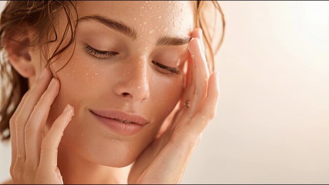 Serene woman with wet skin enjoying her cleansing skincare routine