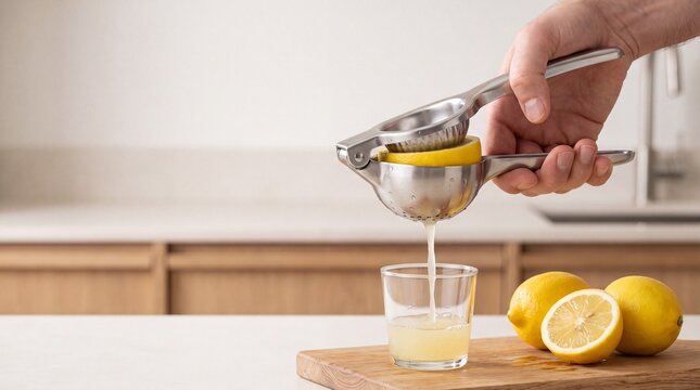 A person squeezing a fresh lemon into a glass in the kitchen