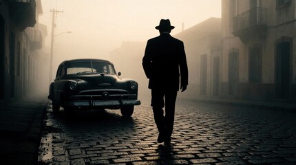 Fototapeta premium Silhouetted man in hat walks away from vintage car on foggy street at dawn. Mystery man strolls down cobblestone road near old classic vehicle in misty morning. Moody urban scene with retro car,