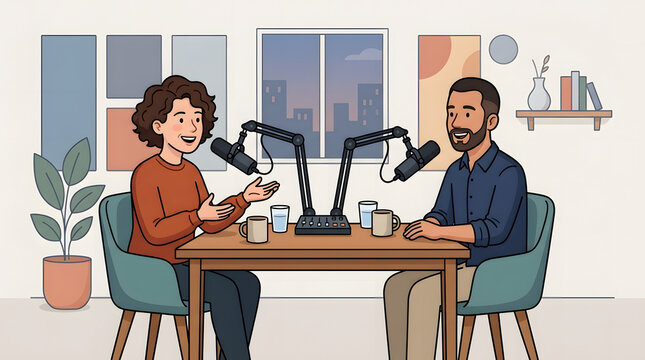 Diverse creators recording professional podcast episode together in a studio environment