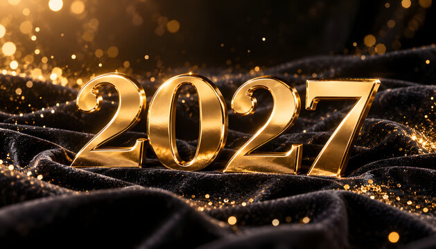 Luxury New Year 2027 with polished gold numbers on black velvet, warm golden light, glitter particles and elegant bokeh, premium festive advertising background.