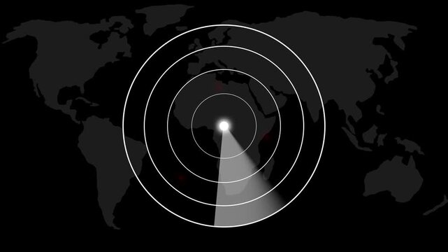 Radar screen animation sweeps target points over a world map. Surveillance tracking data routes on this radar screen. International detection systems monitor on radar screen.