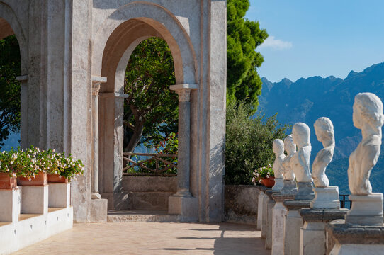 Terrace of Infinity, a beautiful belvedere with marble busts inside the iconic Villa Cimbrone, historic villa in Ravello, on the Amalfi Coast