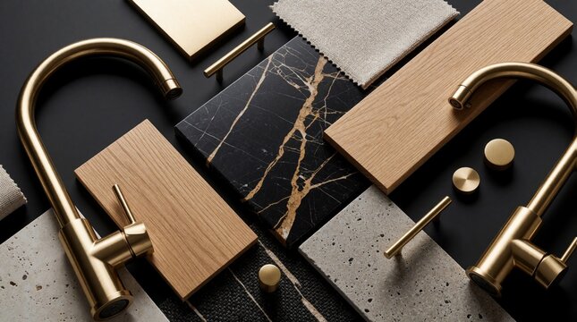 Luxury interior design mood board with gold faucets, material samples. Flat lay shows marble slabs, wood planks, stone tiles, brass hardware. Designer uses textures for modern kitchen bathroom