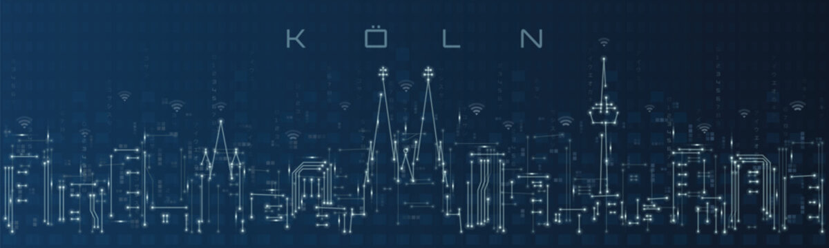 Cologne Smart City Skyline Vector in Circuit Board Style Futuristic Technology Background