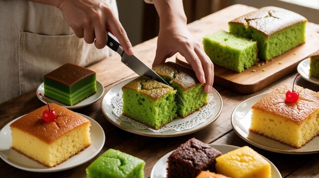 Chef slices green pandan cake on white plate. Various assorted traditional Indonesian dessert pieces sit on wooden table. Colorful sweet sponge cakes, brownies, jajanan pasar snacks prepared for food
