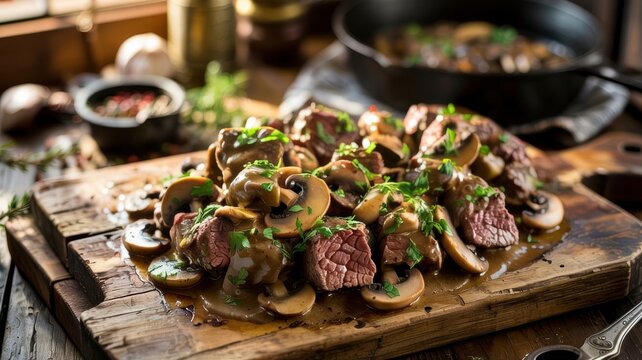 Russian cuisine. Beef stroganoff. Tender pieces of beef fried with mushrooms and onions in a thick sour cream sauce.
