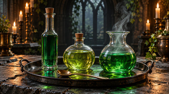 Frascos encantados reflejan destellos verdes en laboratorio g&oacute;tico