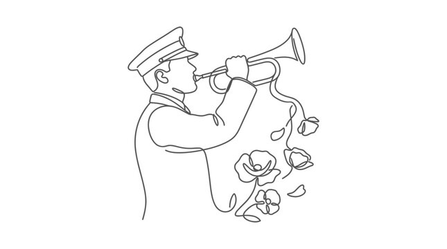 Single continuous line drawing of a military bugler playing trumpet with poppy flowers. Commemorative minimalist vector illustration of veteran tribute for Remembrance Day, Armistice, and Anzac Day.