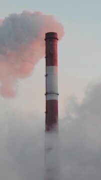 Tall factory smoke stack discharges dense white emissions into clear dusky air. Industrial chimney releases vapor clouds continuously while smog surrounds base during manufacturing operations.