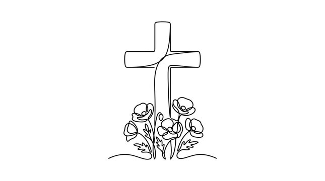 Minimalist Continuous Line Drawing of a Christian Cross with Delicate Poppy Flowers at the Base, Spiritual Religious Symbol Vector for Easter, Funeral, Hope, and Grace Memorial Services