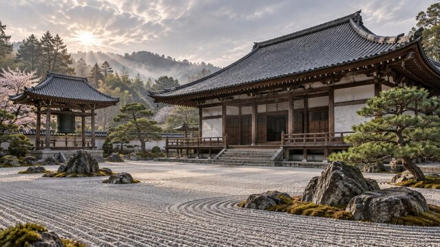 Japanese Zen temple exterior beside a raked gravel garden, pine trees and bell pavilion beneath misty spring light, a tranquil Kyoto style scene for meditation and Japan travel art