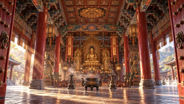 Chinese Buddhist temple interior with monumental Buddha, red lacquer columns, painted beams and incense light, a richly detailed sacred hall for Asian religion and cultural themes art