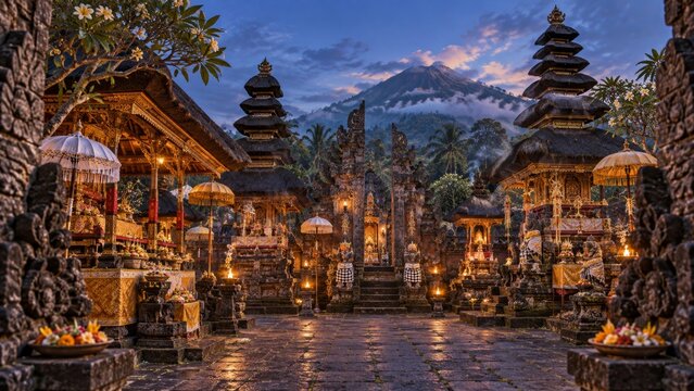 Balinese Hindu temple inner courtyard with meru shrines, carved volcanic stone, ceremonial umbrellas and oil lamps at blue hour, a sacred Bali culture and travel setting and heritage