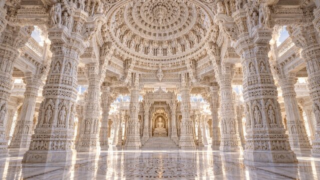 Jain temple interior with intricately carved white marble columns, lace like domed ceiling and serene central shrine, showcasing Indian craftsmanship, spirituality and heritage art
