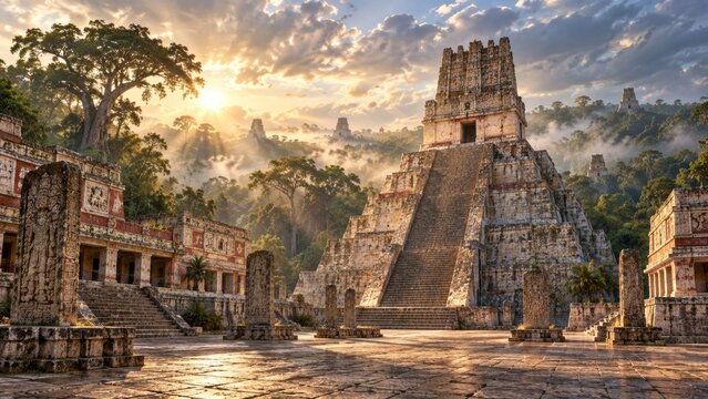 Classic Maya temple pyramid exterior rising above a rainforest plaza at sunrise, with carved stelae and painted palaces creating an epic Mesoamerican archaeology and travel scene art