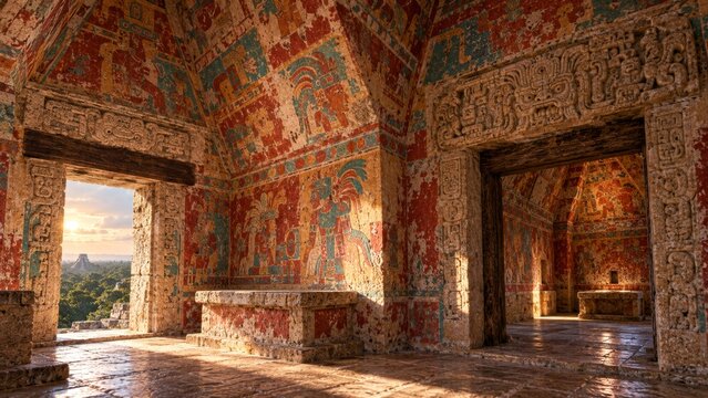 Classic Maya temple interior with painted murals, carved lintels, corbel vaults and jungle views at sunset, an atmospheric Mesoamerican history, archaeology and heritage setting art