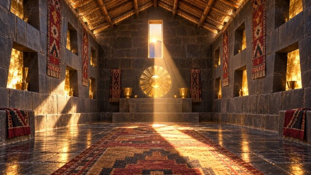 Inca sun temple interior with fitted andesite walls, gold solar emblem, woven textiles and a precise sunrise beam, highlighting Peru history, Andean culture and sacred design scene