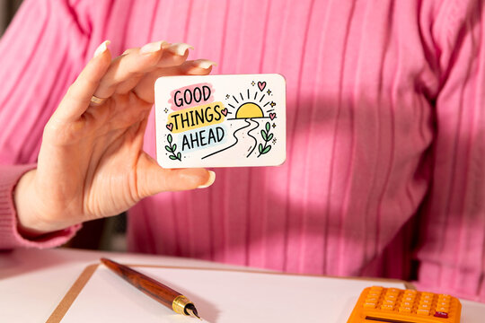 Good Things Ahead Positive Motivation Card with Sunrise Illustration.