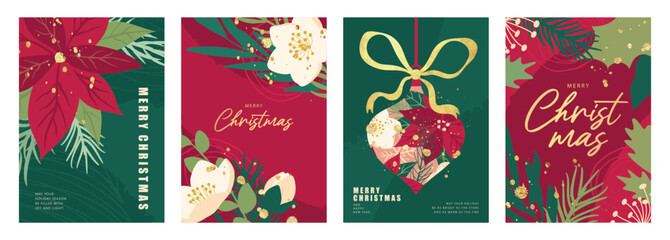 Obraz premium Set of Christmas card designs with poinsettia, hellebore, evergreen foliage and golden accents in a modern flat style with painted texture. Elegant festive compositions for holiday design, vector