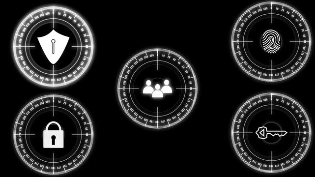Cybersecurity icons animation arranges shields and keys. Data privacy protection confirms on cybersecurity icons. System network access defense relies on cybersecurity icons.