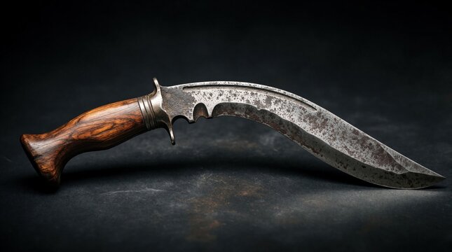Traditional Khukuri knife with curved steel blade, rustic wooden handle. Ancient Nepalese weapon lies on dark stone surface. Sharp metal tool shows vintage craftsmanship, cultural heritage of warrior