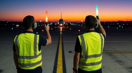 Naklejka na ściany i meble Two male airport ground crew members use light wands to signal aircraft at night. Workers in high visibility vests stand on tarmac during dusk. Aviation staff guide plane on runway for safe taxiing,