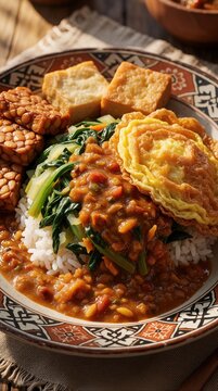 Traditional Indonesian pecel rice plate with peanut sauce, boiled veggies, tempeh, tofu, fried egg. Tasty Javanese meal served on patterned ceramic dish. Healthy vegetarian food with spicy sauce,