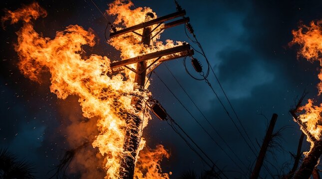 Wooden utility pole burns with intense orange flames at night. Electrical wires hang from damaged pole after massive storm hurricane hit. Destructive weather causes fire, power outage in residential