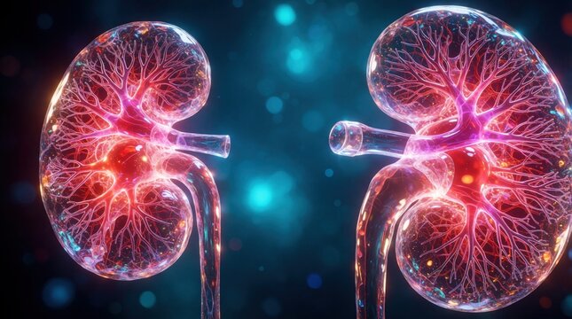 Detailed 3D medical illustration shows human kidney anatomy. Red blood vessels, complex internal structures glow against dark blue bokeh background. Digital artwork explains renal system biology,