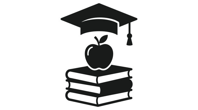 Graduation cap, apple and books silhouette on a white background