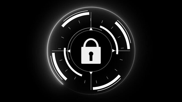 Security interface animation displays a locked padlock mark. Data privacy defense confirms on security interface. Cyber protection access clearance clears on the interface.