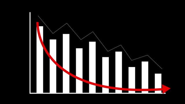 Bar chart animation displays falling columns with an arrow. Financial market loss reflects on this bar chart animation. Negative economic business performance marks the chart.