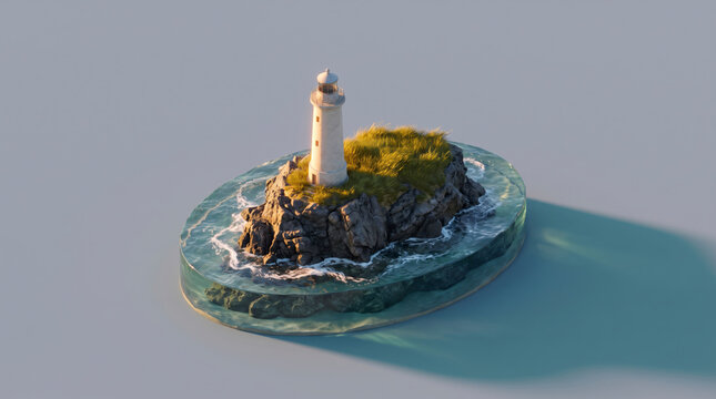 Miniature lighthouse island with crashing waves on a grey background