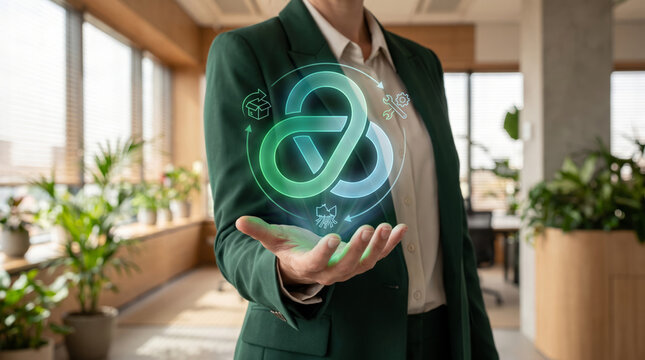 Business Professional Holding a Circular Economy Hologram Above an Open Hand