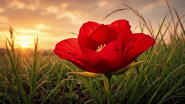 Red Rose Opening from Bud in Sunset Meadow Grass Field Petals Unfurling Blossoming Crimson Flower Growing in Golden Light into a Full Open Bloom Fresh Natural Beauty Soft Morning Light