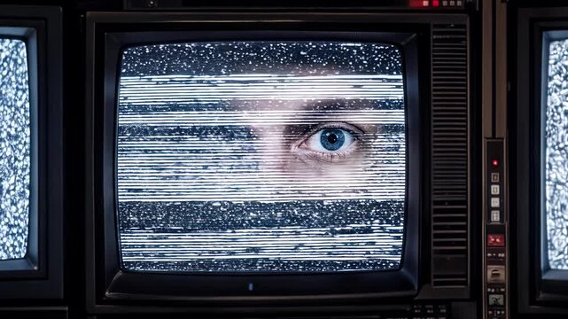 Human eye appearing on vintage television screen with heavy static interference. Surveillance and media manipulation concept. Lockdown shot with digital glitches.
