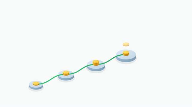 Premium clean vector illustration showing consistent savings accumulating through progressive financial milestones. Gold coins build across ascending rounded platforms while a smooth green growth ribb